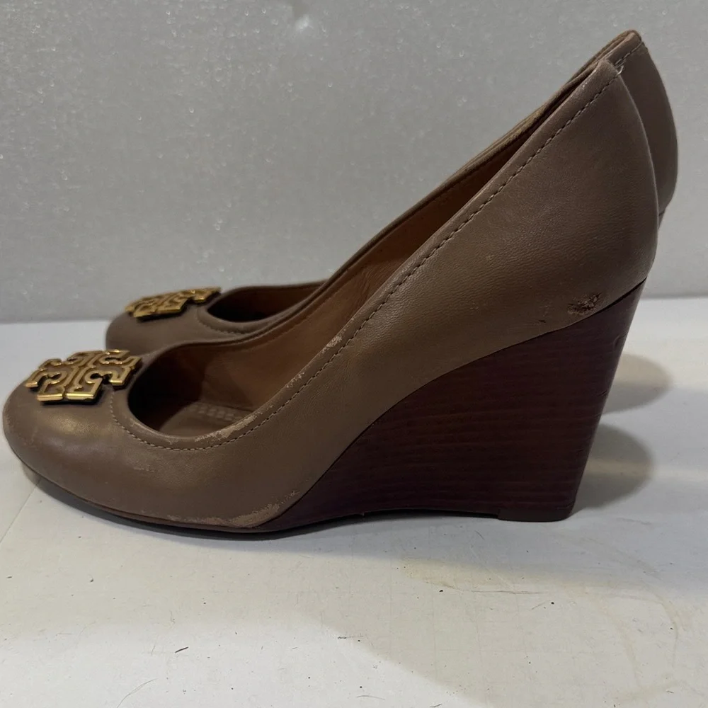 Tory Burch Brown Heels with Gold Logo